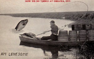 A 'Tall-Tale' Postcard, with a larger than life fish being caught in Oshawa, an example of an early manipulated image.